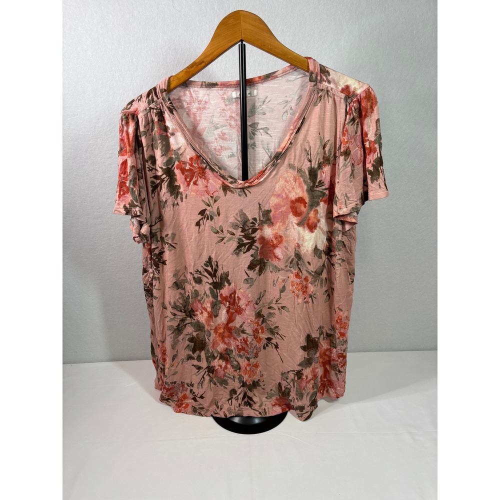 Maurices Womens XL Pink Floral V-Neck Short Sleeve Slub Knit T-Shirt Top